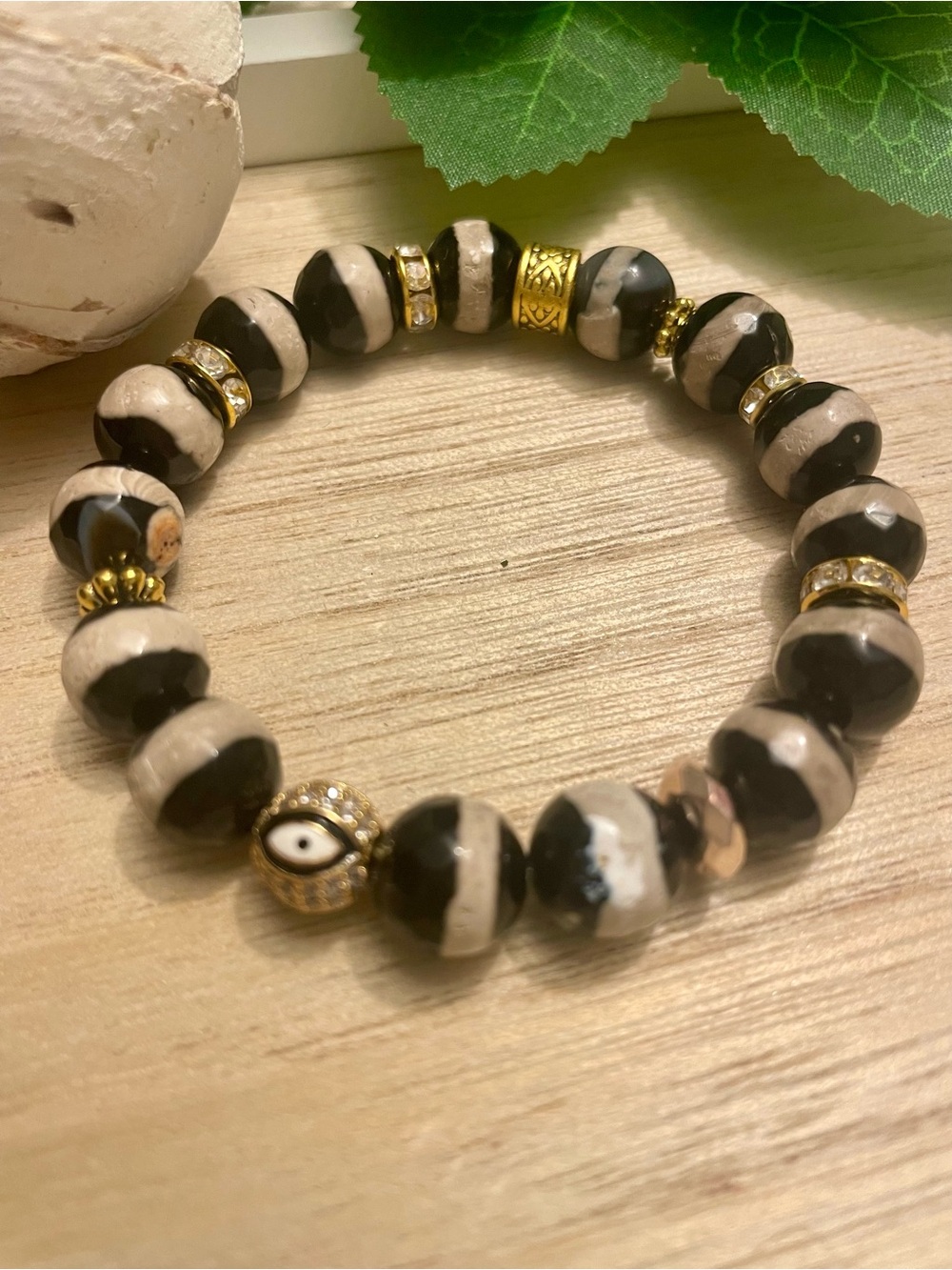 Black/Tan Tibetan Agate Bracelet with Evil eye Bead Gold Accents and CZ 10mm